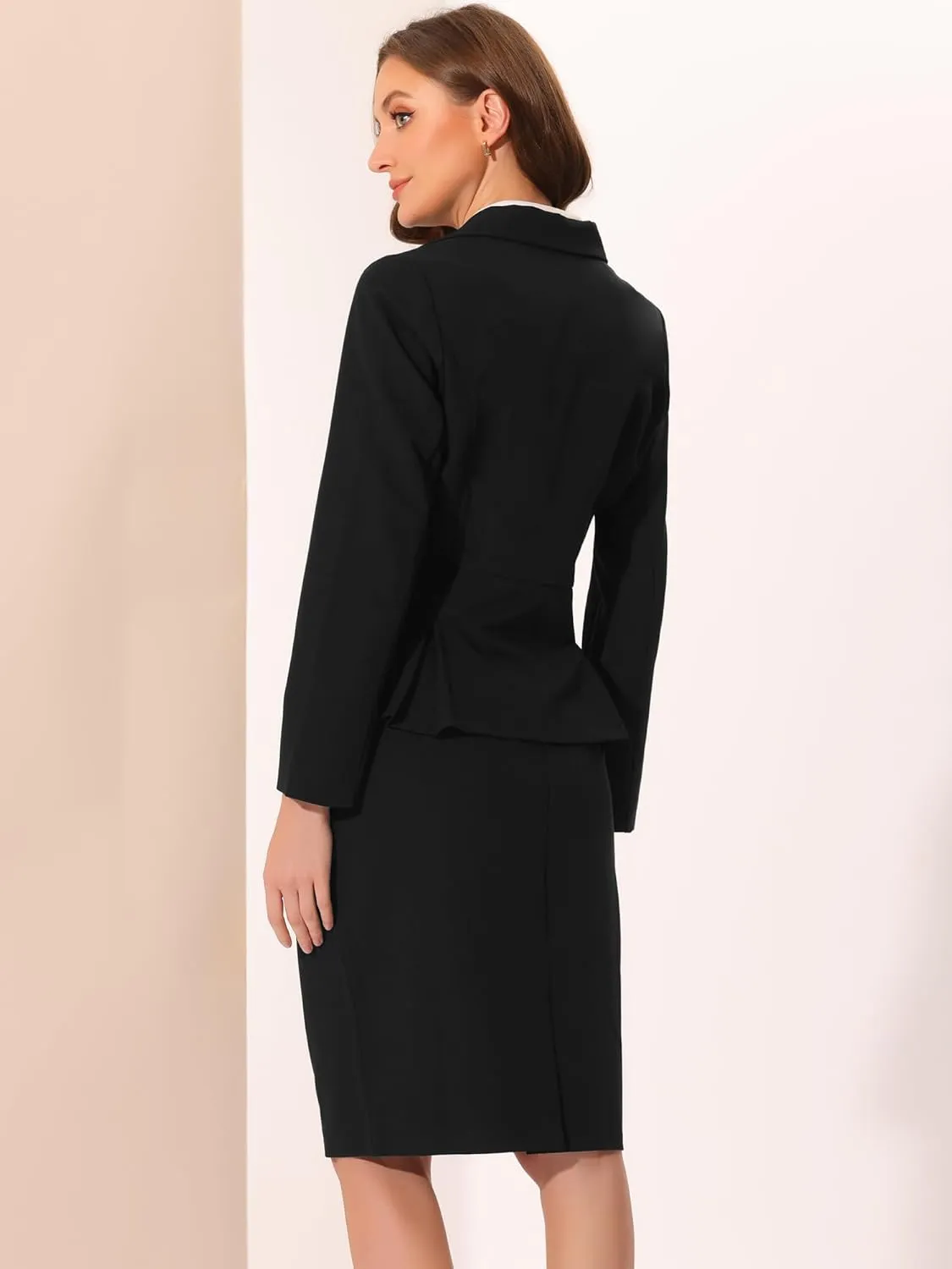 Allegra K Skirt Suit Sets for Women's 2 Piece Formal Office Notched Lapel Peplum Jacket Blazer Pencil Skirts Set