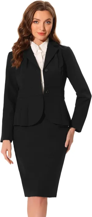 Allegra K Skirt Suit Sets for Women's 2 Piece Formal Office Notched Lapel Peplum Jacket Blazer Pencil Skirts Set