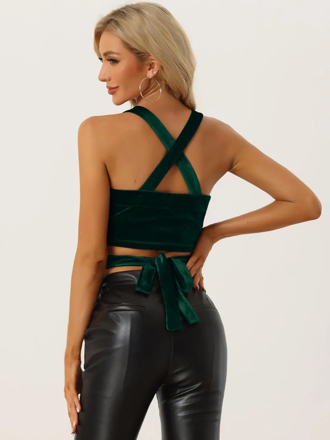Allegra K Velvet Cami Tank Tops for Women's Christmas Sleeveless Spaghetti Strap Deep V Sexy Crop Top for Christmas
