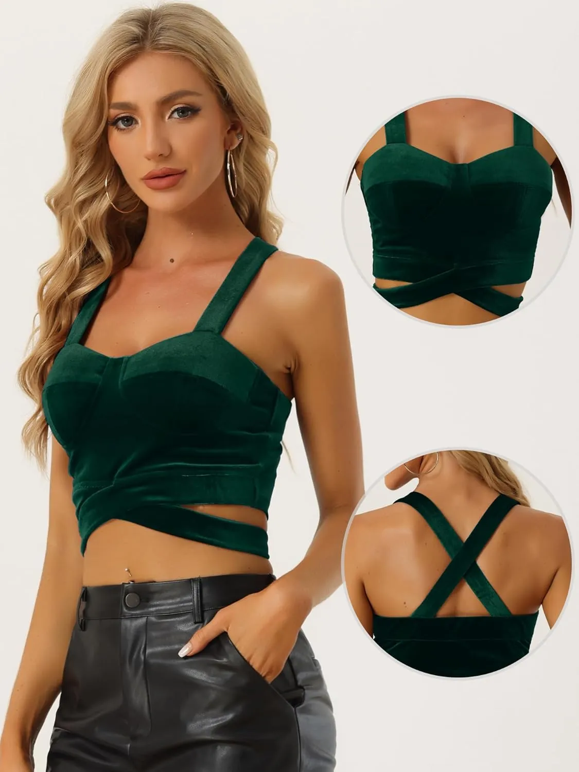Allegra K Velvet Cami Tank Tops for Women's Christmas Sleeveless Spaghetti Strap Deep V Sexy Crop Top for Christmas