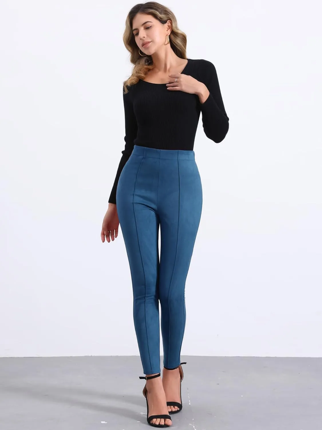 Allegra K Women's Faux Suede Leggings High Waisted Stretch Slim Casual Pants