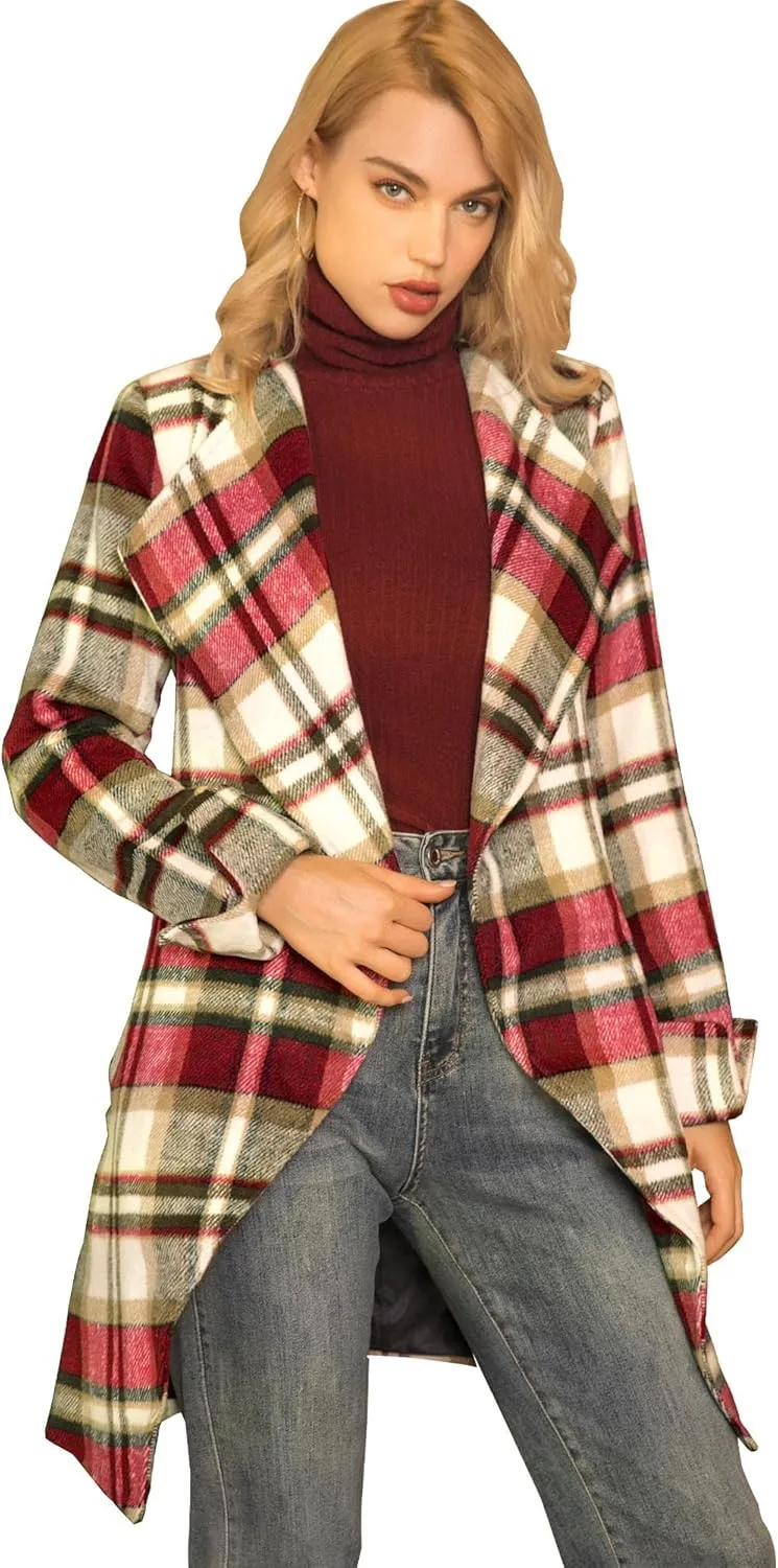 Allegra K Women's Plaid Belted Wrap Overcoat Shawl Collar Asymmetric Hem Fall Winter Coat