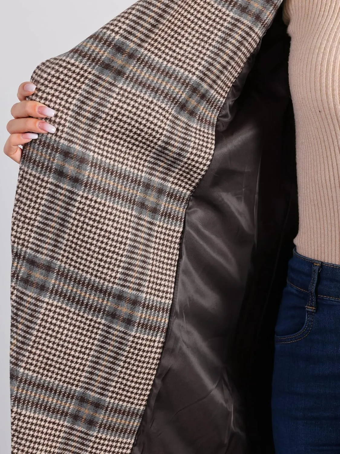 Allegra K Women's Plaid Belted Wrap Overcoat Shawl Collar Asymmetric Hem Fall Winter Coat