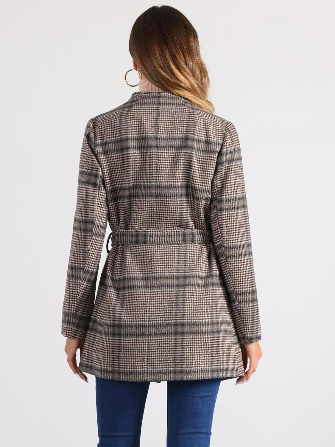Allegra K Women's Plaid Belted Wrap Overcoat Shawl Collar Asymmetric Hem Fall Winter Coat