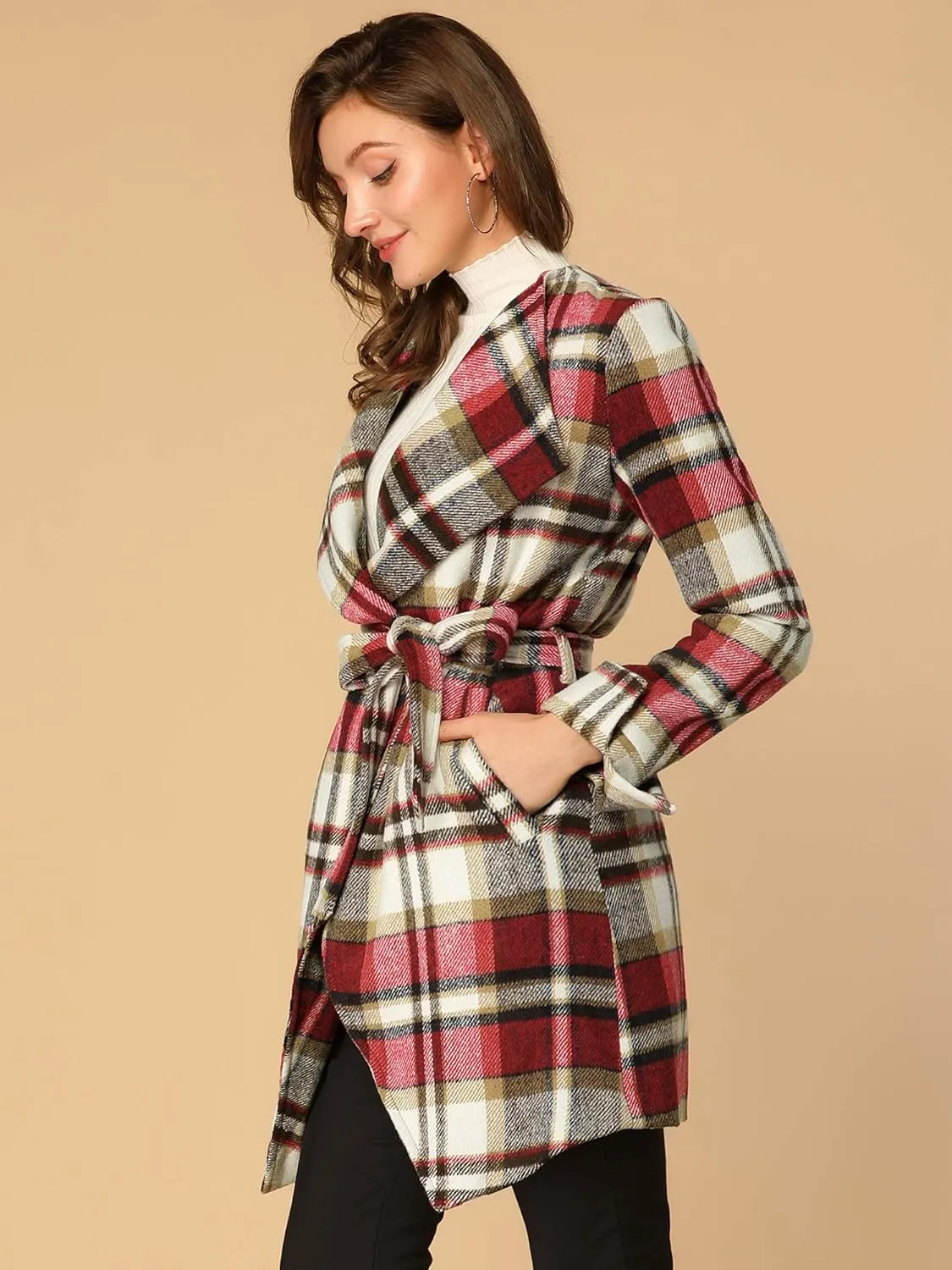 Allegra K Women's Plaid Belted Wrap Overcoat Shawl Collar Asymmetric Hem Fall Winter Coat