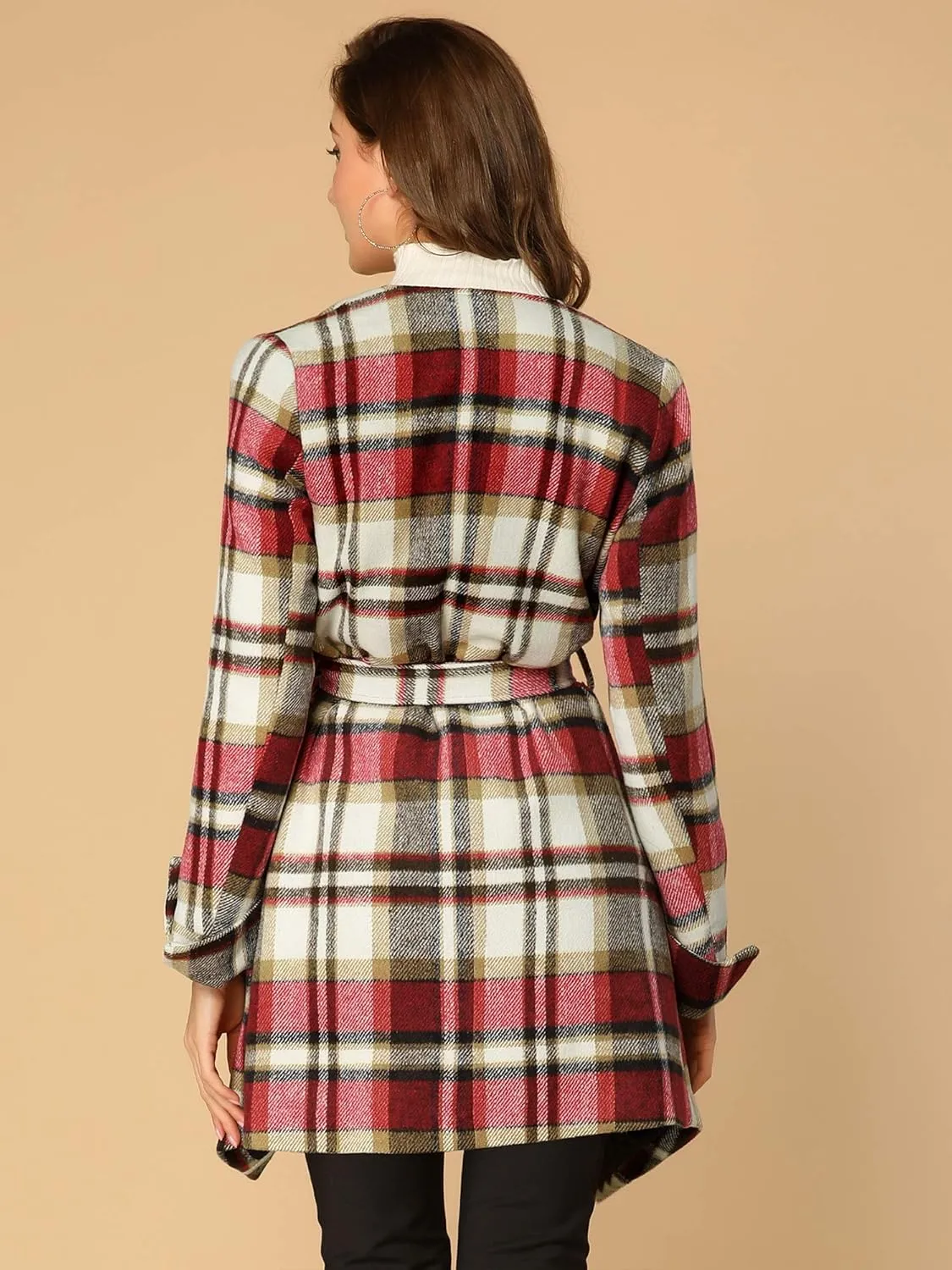 Allegra K Women's Plaid Belted Wrap Overcoat Shawl Collar Asymmetric Hem Fall Winter Coat
