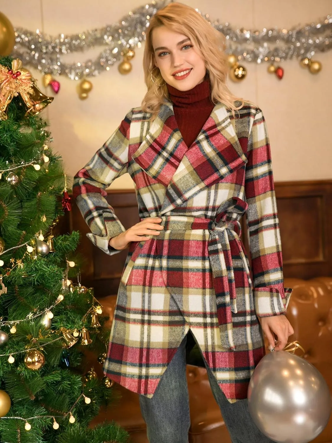 Allegra K Women's Plaid Belted Wrap Overcoat Shawl Collar Asymmetric Hem Fall Winter Coat