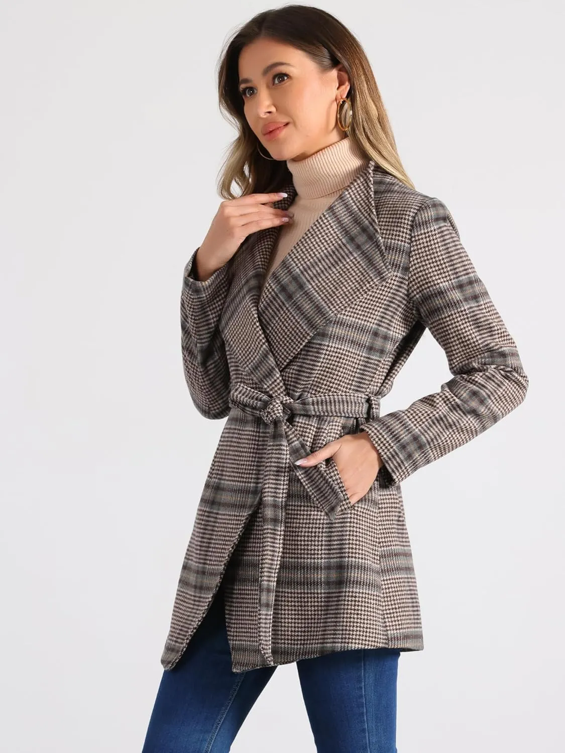 Allegra K Women's Plaid Belted Wrap Overcoat Shawl Collar Asymmetric Hem Fall Winter Coat