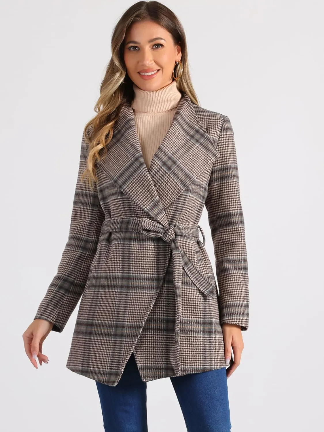 Allegra K Women's Plaid Belted Wrap Overcoat Shawl Collar Asymmetric Hem Fall Winter Coat