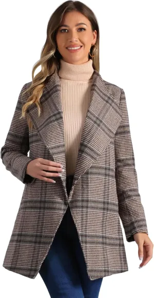 Allegra K Women's Plaid Belted Wrap Overcoat Shawl Collar Asymmetric Hem Fall Winter Coat