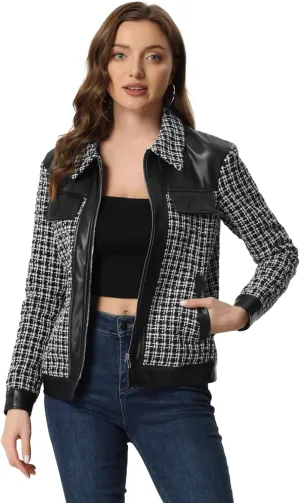 Allegra K Women's Plaid Tweed Jacket Vintage Leather Stitching Zip Long Sleeve Outwear Tweed Coat