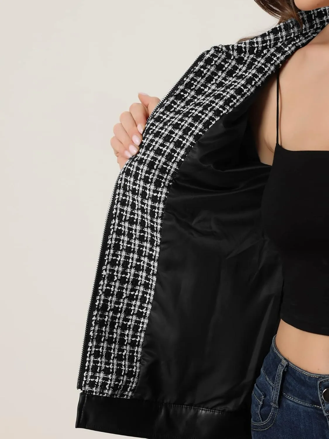 Allegra K Women's Plaid Tweed Jacket Vintage Leather Stitching Zip Long Sleeve Outwear Tweed Coat