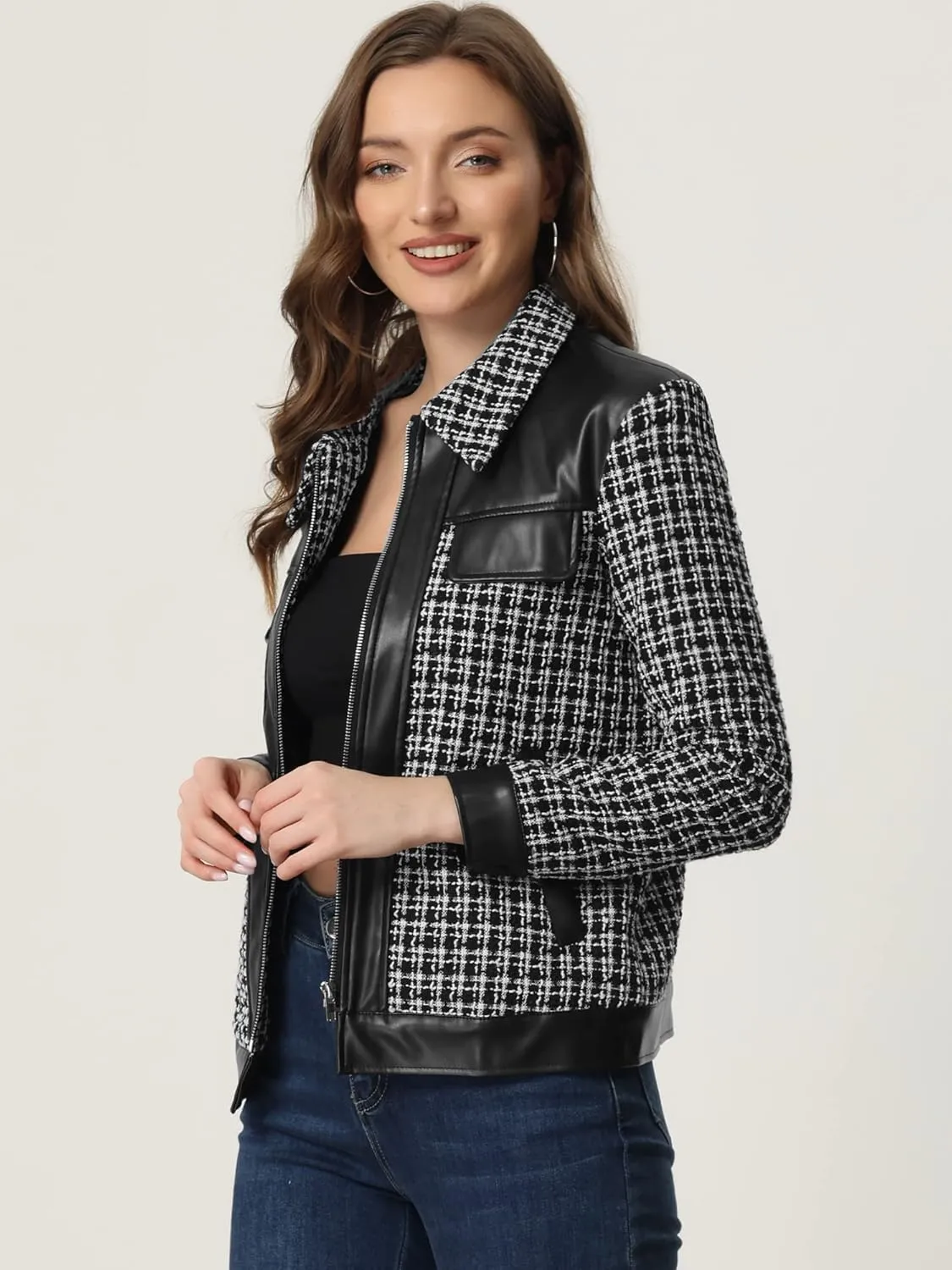 Allegra K Women's Plaid Tweed Jacket Vintage Leather Stitching Zip Long Sleeve Outwear Tweed Coat