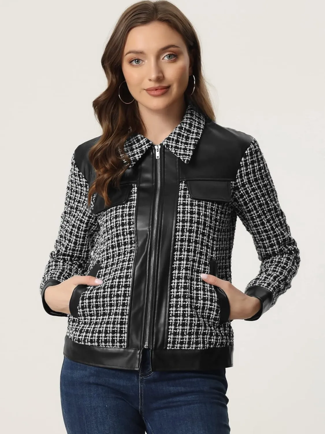 Allegra K Women's Plaid Tweed Jacket Vintage Leather Stitching Zip Long Sleeve Outwear Tweed Coat