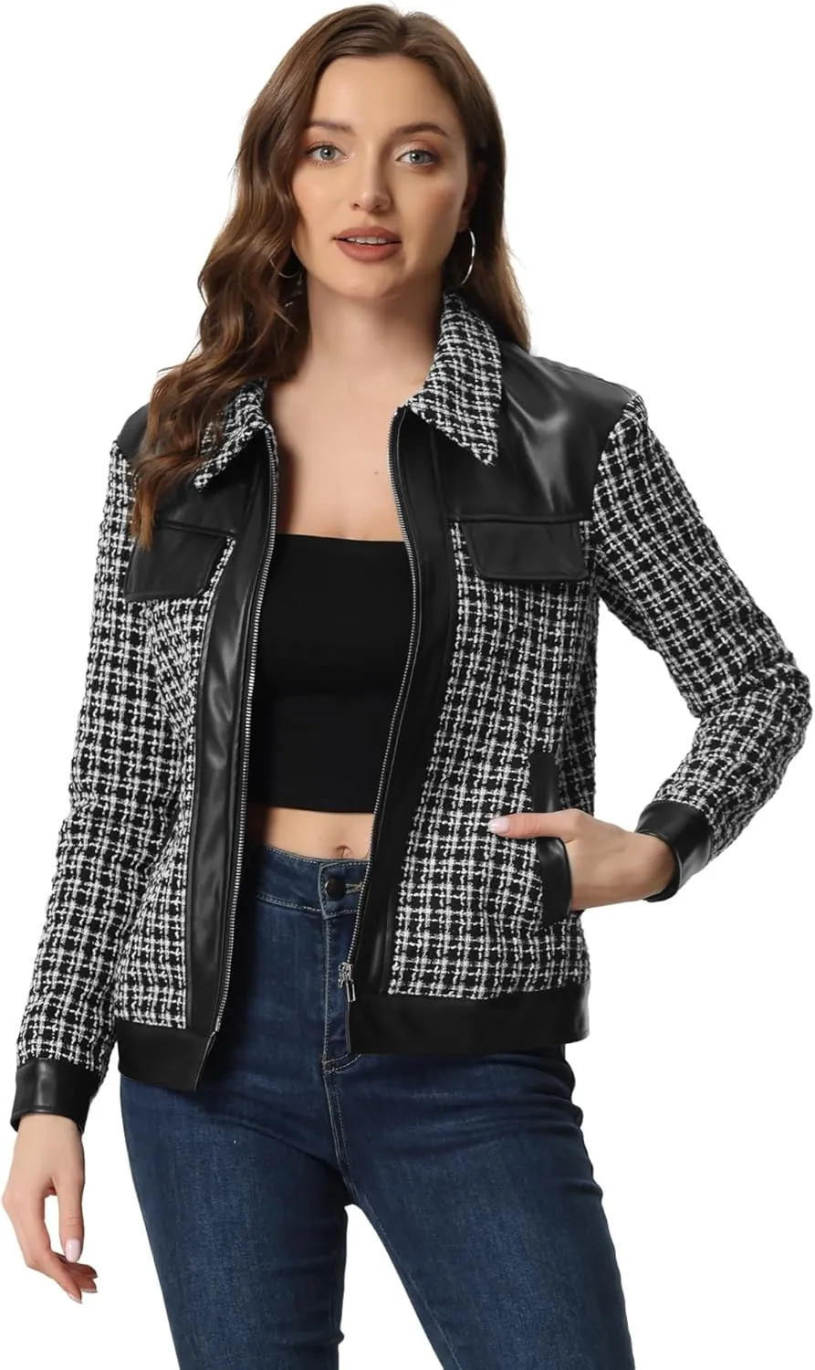 Allegra K Women's Plaid Tweed Jacket Vintage Leather Stitching Zip Long Sleeve Outwear Tweed Coat