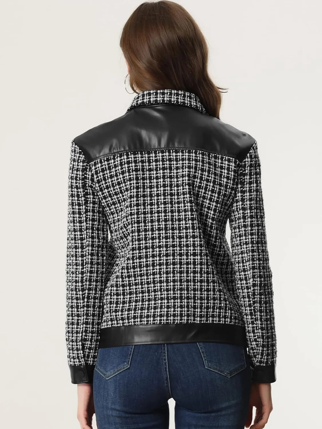 Allegra K Women's Plaid Tweed Jacket Vintage Leather Stitching Zip Long Sleeve Outwear Tweed Coat