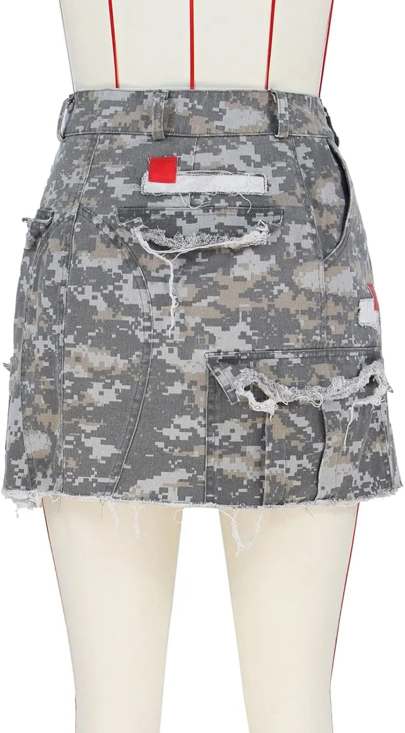 Alunzoem Camo Skirts for Women High Waist Short Cargo Pencil Slit Button Camouflage Mini Skirt with Pockets
