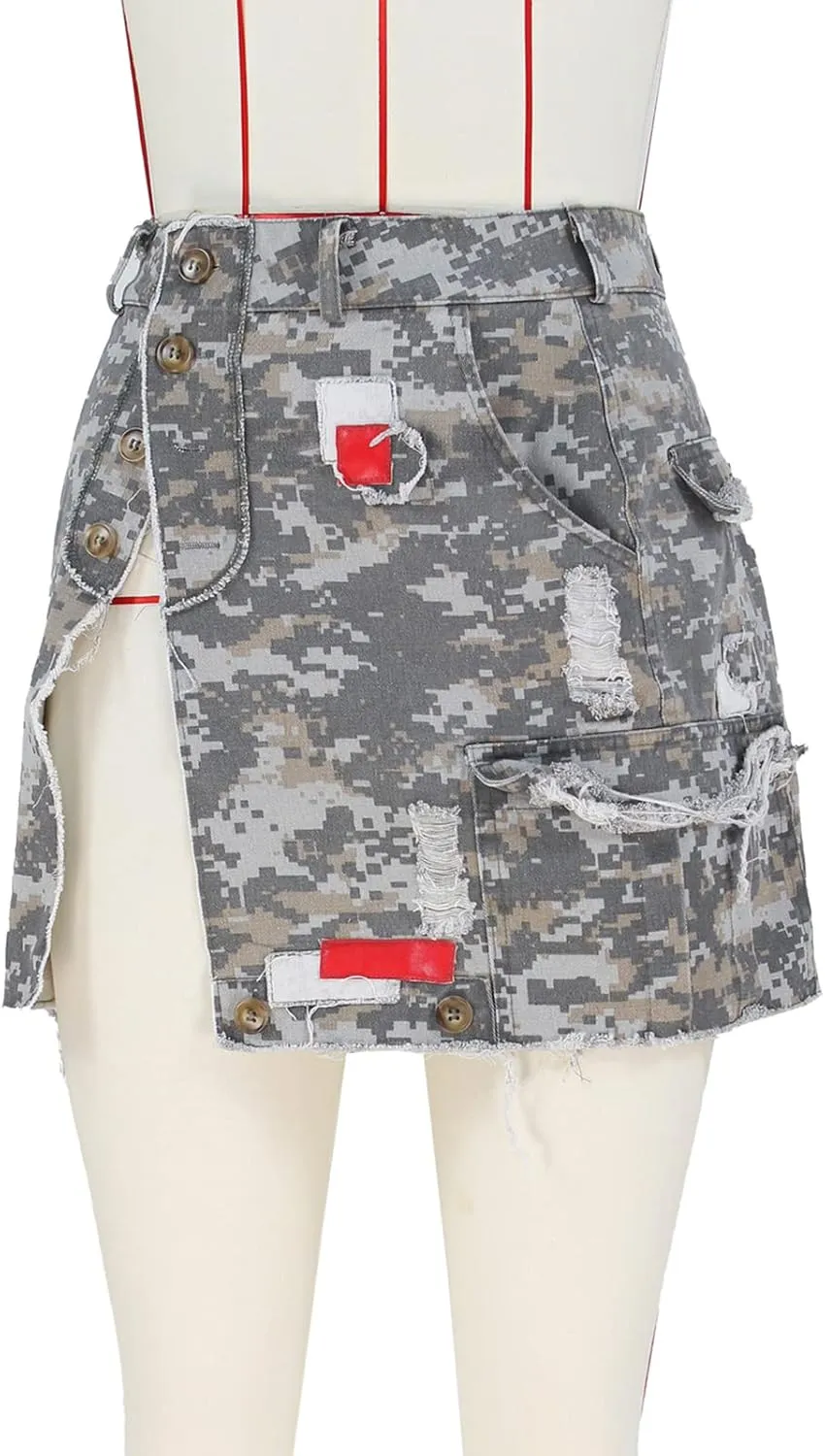 Alunzoem Camo Skirts for Women High Waist Short Cargo Pencil Slit Button Camouflage Mini Skirt with Pockets