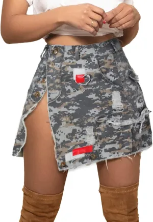 Alunzoem Camo Skirts for Women High Waist Short Cargo Pencil Slit Button Camouflage Mini Skirt with Pockets