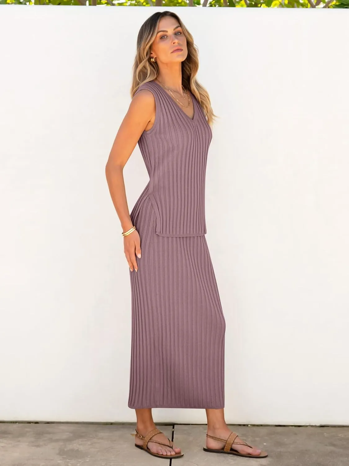 ANRABESS 2 Piece Sweater Skirt Sets for Women Sleeveless V Neck Ribbed Vest Tops Knits Casual Midi Dresses 2025 Summer Outfit