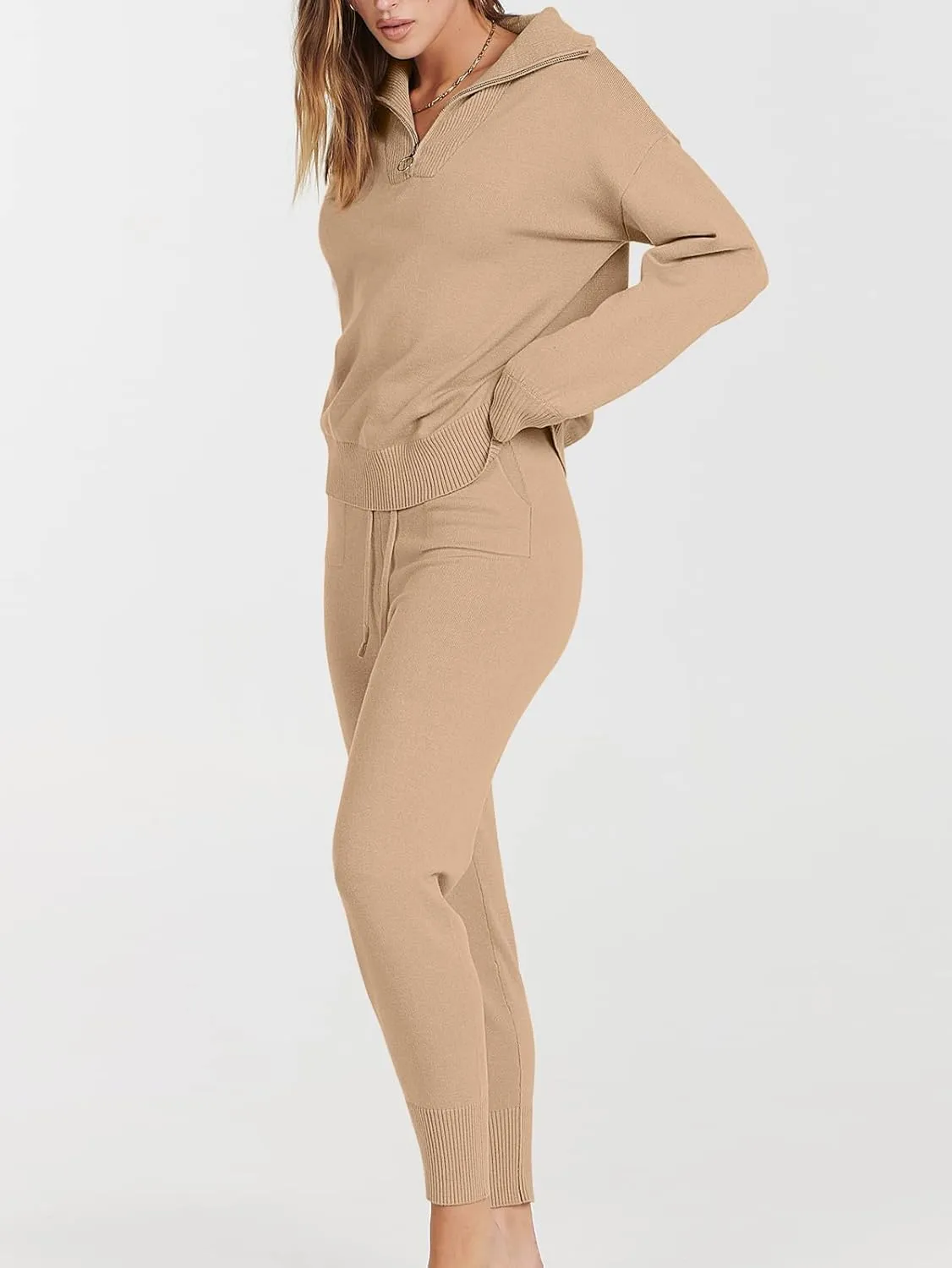 ANRABESS Women's Two Piece Outfits Sweater Sets Long Sleeve Zip Up Knit Pullover Jogger Pants Tracksuit 2024 Fall Lounge Sets