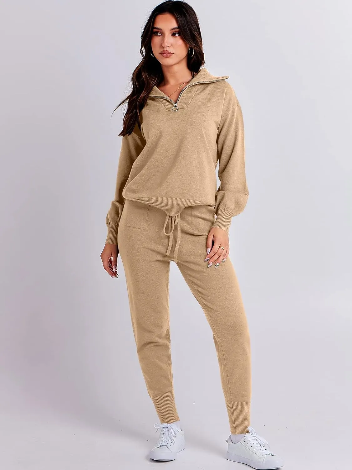 ANRABESS Women's Two Piece Outfits Sweater Sets Long Sleeve Zip Up Knit Pullover Jogger Pants Tracksuit 2024 Fall Lounge Sets
