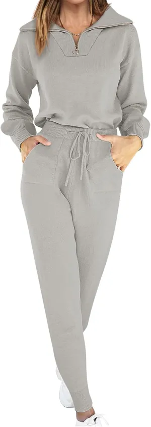 ANRABESS Women's Two Piece Outfits Sweater Sets Long Sleeve Zip Up Knit Pullover Jogger Pants Tracksuit 2024 Fall Lounge Sets