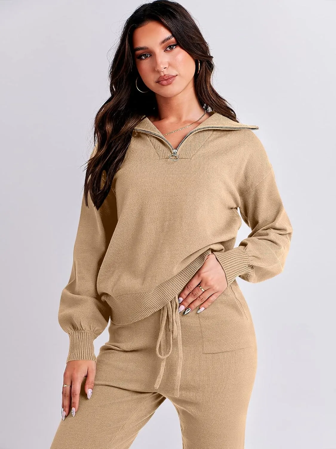 ANRABESS Women's Two Piece Outfits Sweater Sets Long Sleeve Zip Up Knit Pullover Jogger Pants Tracksuit 2024 Fall Lounge Sets