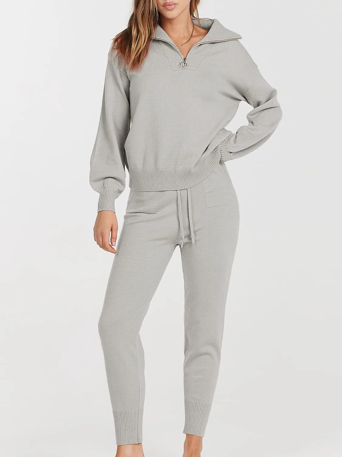 ANRABESS Women's Two Piece Outfits Sweater Sets Long Sleeve Zip Up Knit Pullover Jogger Pants Tracksuit 2024 Fall Lounge Sets