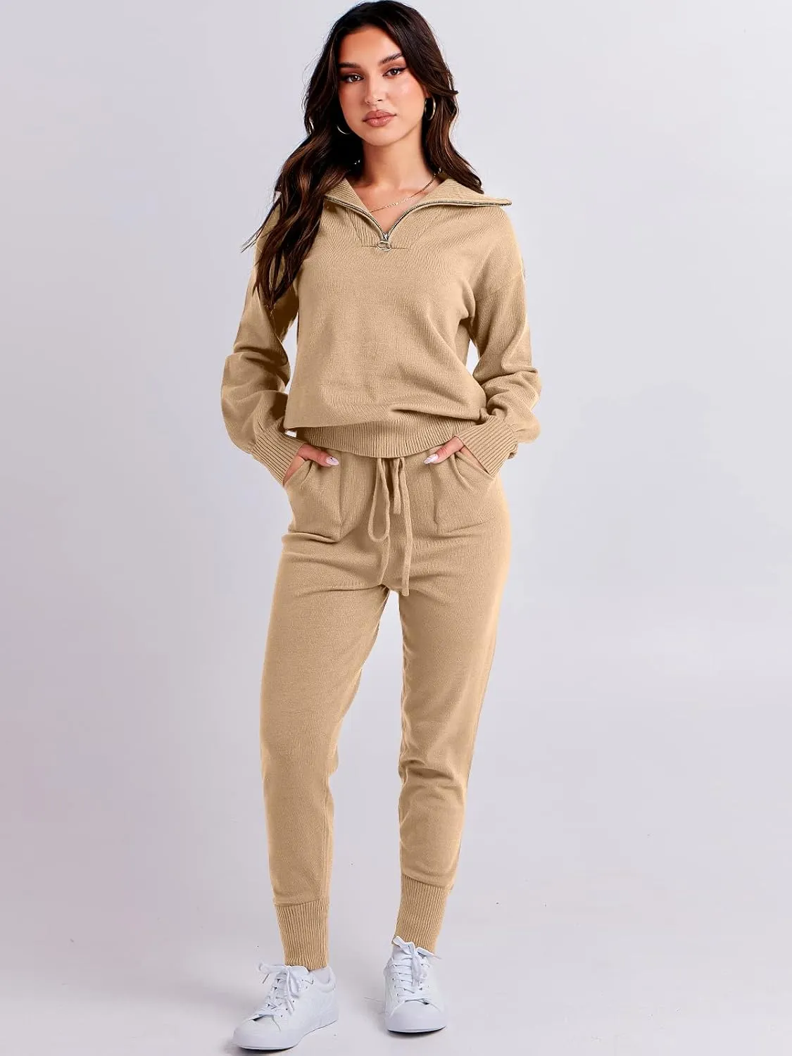 ANRABESS Women's Two Piece Outfits Sweater Sets Long Sleeve Zip Up Knit Pullover Jogger Pants Tracksuit 2024 Fall Lounge Sets
