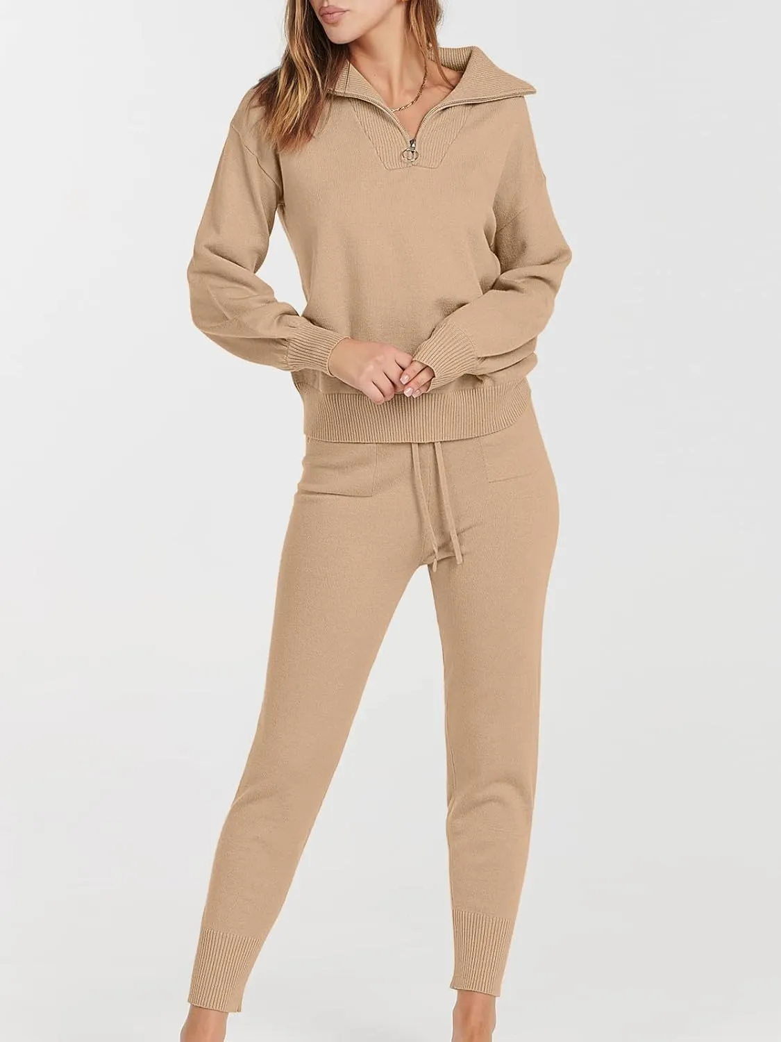 ANRABESS Women's Two Piece Outfits Sweater Sets Long Sleeve Zip Up Knit Pullover Jogger Pants Tracksuit 2024 Fall Lounge Sets
