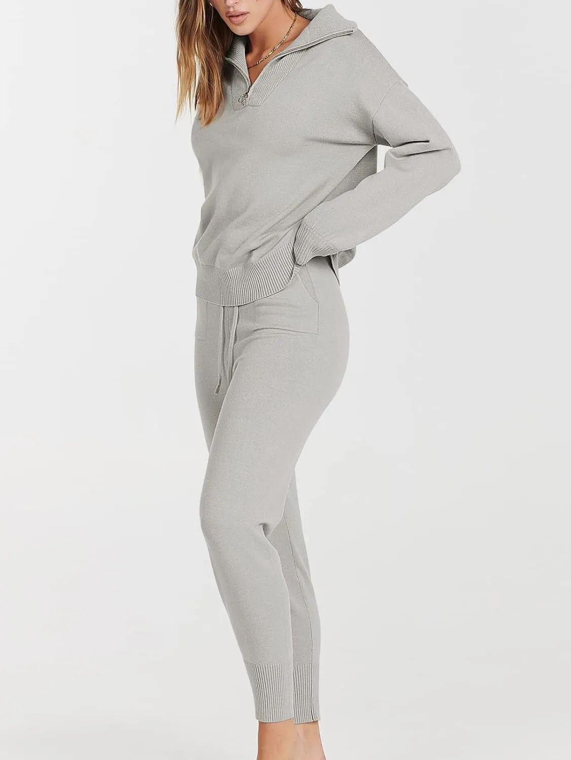 ANRABESS Women's Two Piece Outfits Sweater Sets Long Sleeve Zip Up Knit Pullover Jogger Pants Tracksuit 2024 Fall Lounge Sets