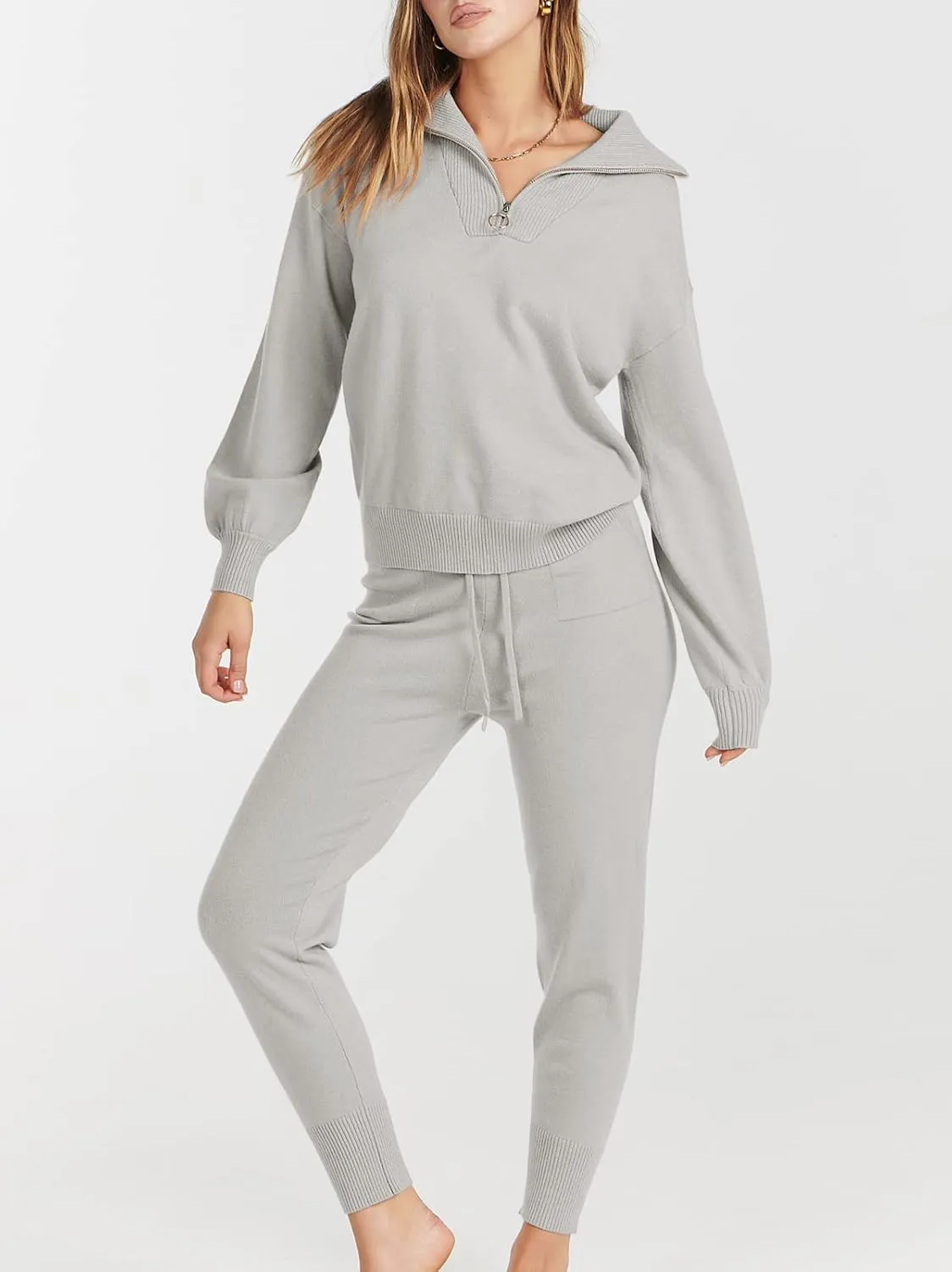 ANRABESS Women's Two Piece Outfits Sweater Sets Long Sleeve Zip Up Knit Pullover Jogger Pants Tracksuit 2024 Fall Lounge Sets