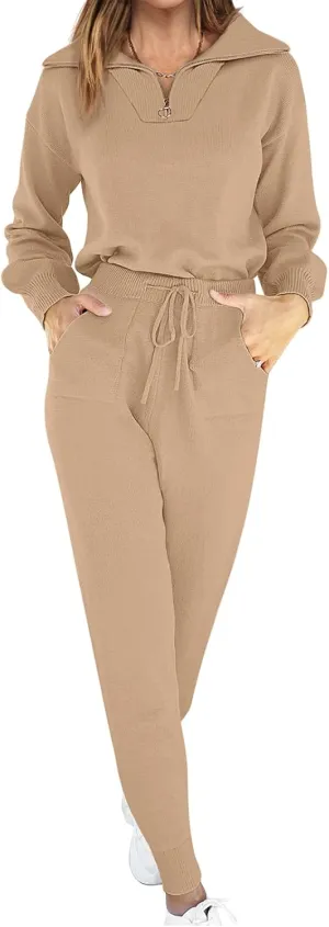 ANRABESS Women's Two Piece Outfits Sweater Sets Long Sleeve Zip Up Knit Pullover Jogger Pants Tracksuit 2024 Fall Lounge Sets