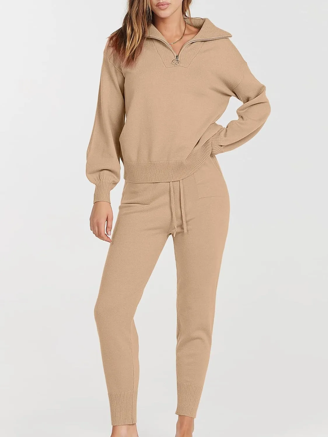 ANRABESS Women's Two Piece Outfits Sweater Sets Long Sleeve Zip Up Knit Pullover Jogger Pants Tracksuit 2024 Fall Lounge Sets