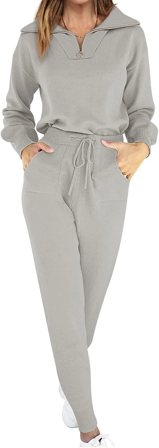 ANRABESS Women's Two Piece Outfits Sweater Sets Long Sleeve Zip Up Knit Pullover Jogger Pants Tracksuit 2024 Fall Lounge Sets
