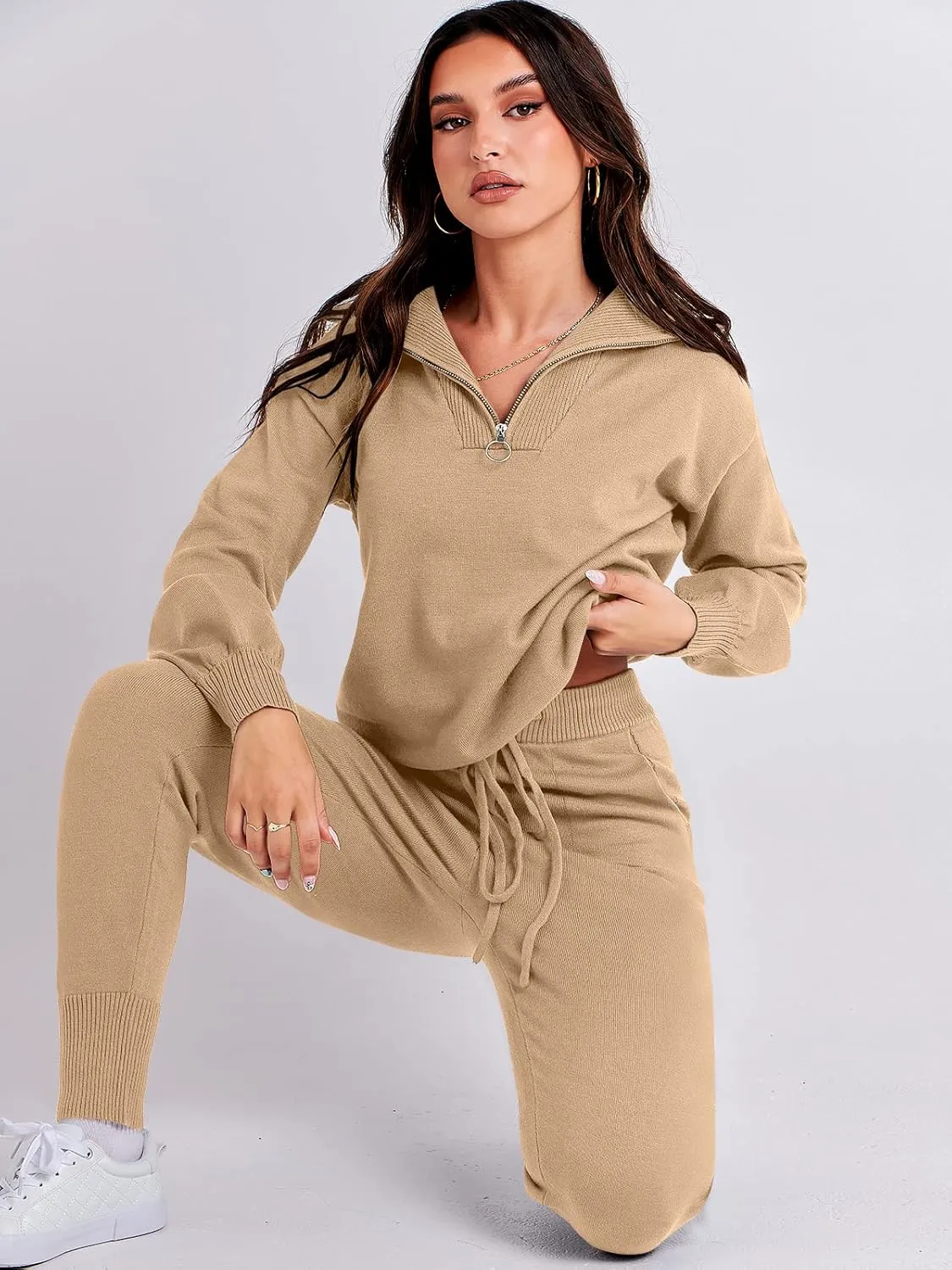 ANRABESS Women's Two Piece Outfits Sweater Sets Long Sleeve Zip Up Knit Pullover Jogger Pants Tracksuit 2024 Fall Lounge Sets