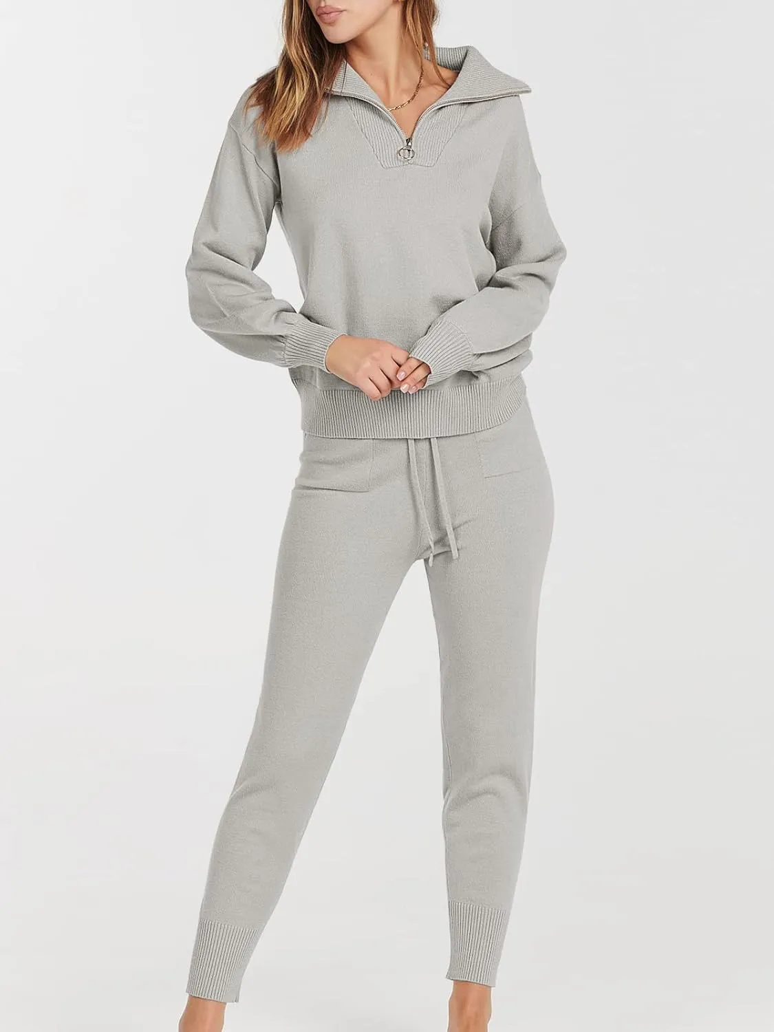 ANRABESS Women's Two Piece Outfits Sweater Sets Long Sleeve Zip Up Knit Pullover Jogger Pants Tracksuit 2024 Fall Lounge Sets