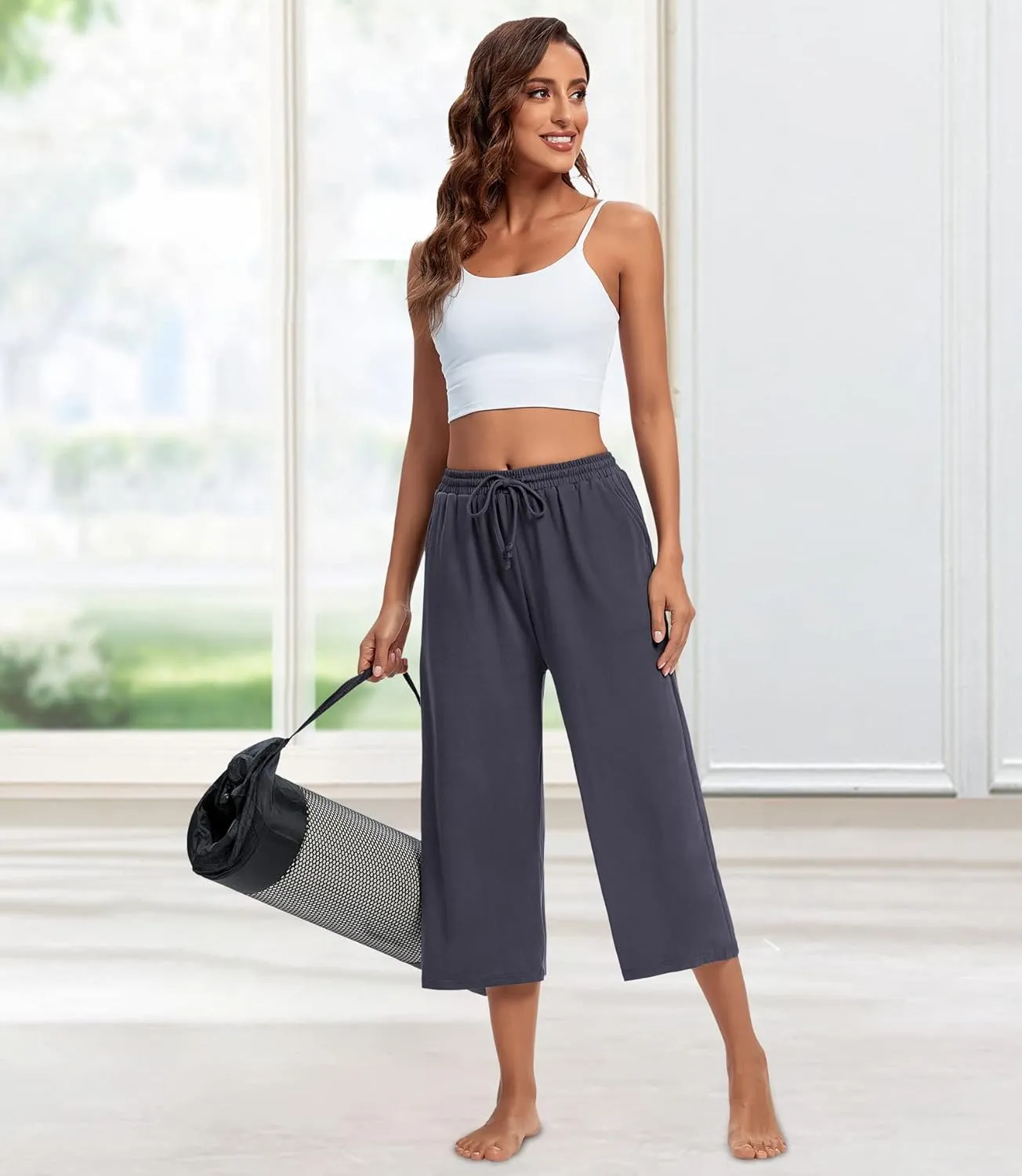 ASIMOON Womens Capri Yoga Pants Wide Leg Drawstring Lounge Pants Loose Comfy Workout Capris Sweatpants with Pockets