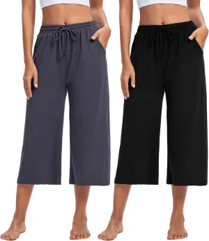 ASIMOON Womens Capri Yoga Pants Wide Leg Drawstring Lounge Pants Loose Comfy Workout Capris Sweatpants with Pockets