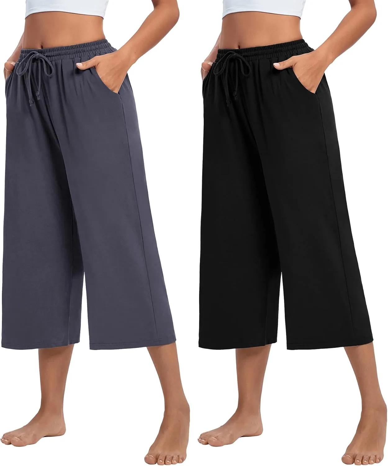 ASIMOON Womens Capri Yoga Pants Wide Leg Drawstring Lounge Pants Loose Comfy Workout Capris Sweatpants with Pockets