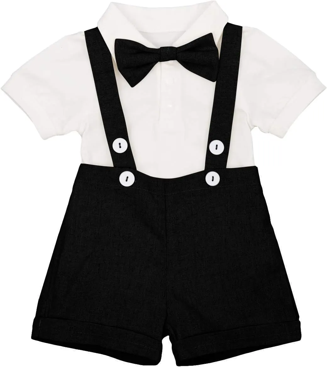 Baby Boys Formal Suit Set Short Sleeve Romper Suspenders Shorts Pants Bowtie Wedding Tuxedo Outfits Cake Smash Clothes