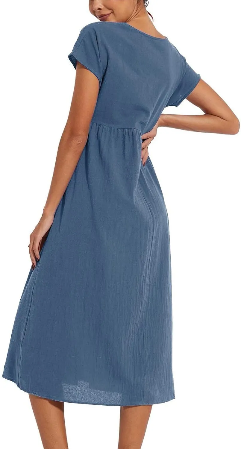 Baggy Linen Dresses for Women Summer Short Sleeve Crewneck A Line Dress Tunic Beach Swing Maxi Dresses with Pockets