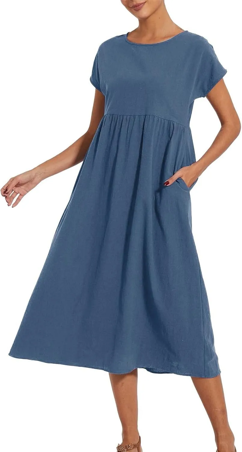Baggy Linen Dresses for Women Summer Short Sleeve Crewneck A Line Dress Tunic Beach Swing Maxi Dresses with Pockets