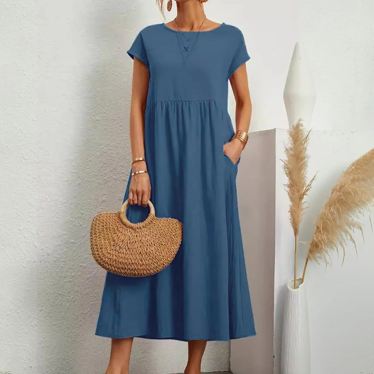 Baggy Linen Dresses for Women Summer Short Sleeve Crewneck A Line Dress Tunic Beach Swing Maxi Dresses with Pockets