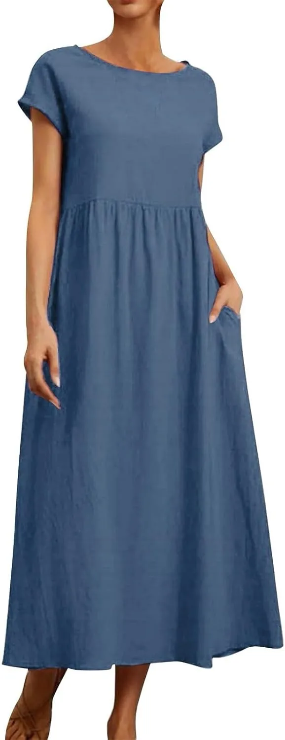 Baggy Linen Dresses for Women Summer Short Sleeve Crewneck A Line Dress Tunic Beach Swing Maxi Dresses with Pockets