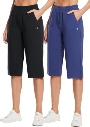 baleaf Women's 15"/17" Cotton Long Shorts Below The Knee with Pockets Drawstring Walking Bermuda Shorts Yoga Capri Pants