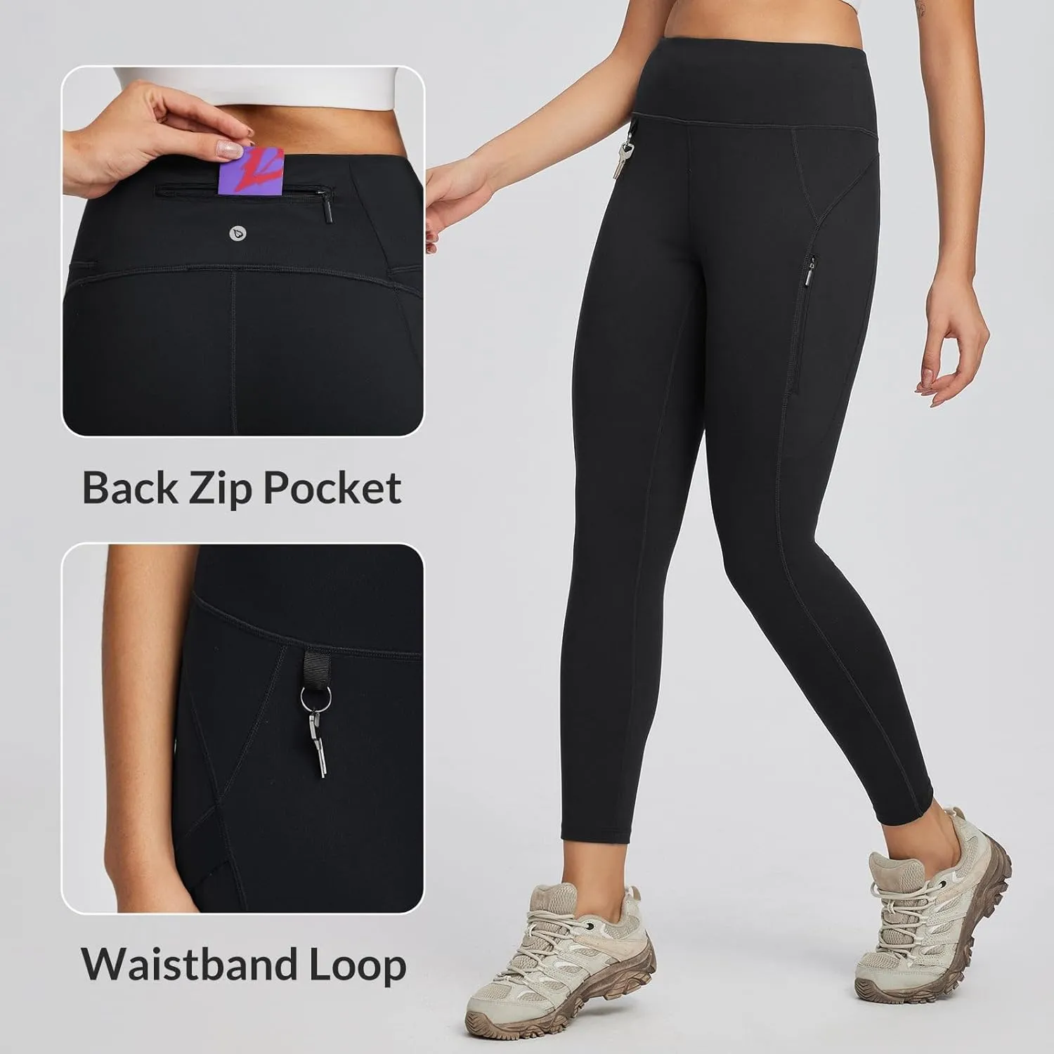 baleaf Women's High Waist Leggings with Pocket Hiking Pants Tummy Control 3 Pocket for Athletic Outdoor Running