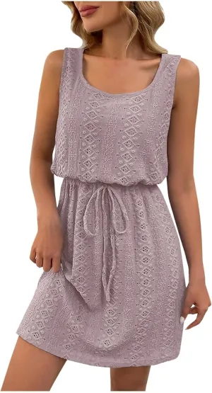 Beach Dresses for Women 2025 Vacation Waisted Drawstring Solid Mini Dress Hollow Out Sleeveless Summer Sundresses