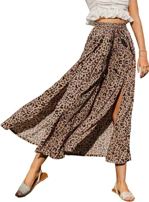 BerryGo Women's Boho Linen Flowy High Waisted Pants Elegant Split Stripe Wide Leg Pants
